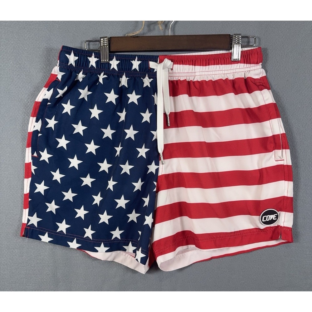COVE Swim Trunks Shorts Mens Sz 34 Red White Blue Stars Stripes USA Patriotic